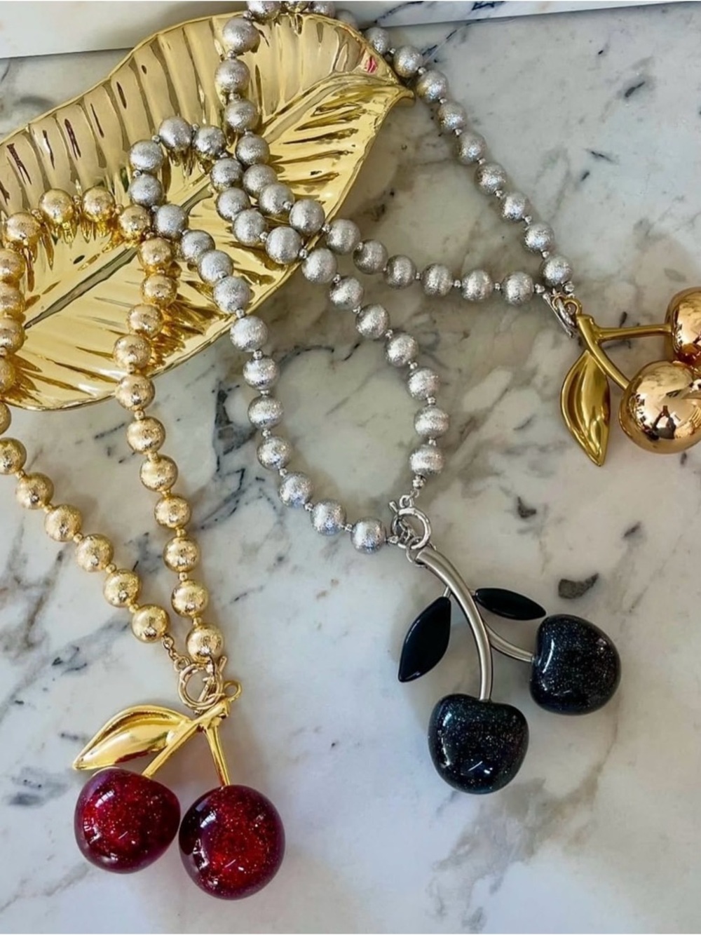 Women’s Cherry Pendant Beaded Necklace - Gold and Silver NWOT